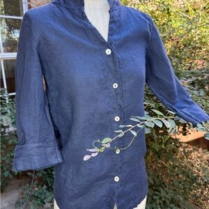 Elegant Linen Navy Button-Up Blouse